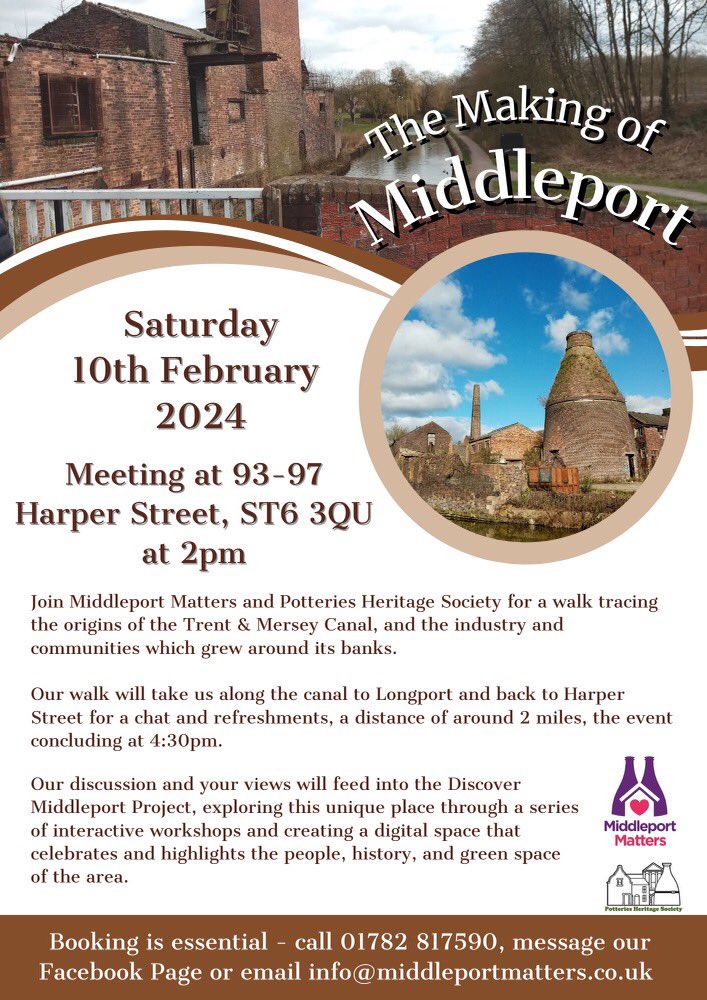 Middleport Matters Community Trust (@middleport_st6) on Twitter photo Join us on Saturday 10th Feb to find out more about Middleport’s origins.
We will be joined by Andy P from
<a href="/PotteriesHSoc/">Potteries Heritage Society</a> who will be sharing his knowledge of the area.
Booking is essential- see poster for details.
#middleportmatters
#discovermiddleport Join us on Saturday 10th Feb to find out more about Middleport’s origins.
We will be joined by Andy P from
<a href="/PotteriesHSoc/">Potteries Heritage Society</a> who will be sharing his knowledge of the area.
Booking is essential- see poster for details.
#middleportmatters
#discovermiddleport
