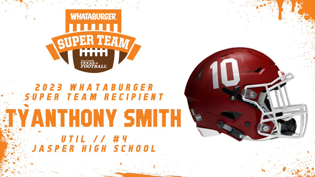 Congrats to Jasper UTIL Tyanthony Smith on being named to the 2023 @Whataburger Super Team! 🍔: texasfootball.com/whataburger-su… @Tyanthonysmith1 | @coach_crumedy | @JHSBulldogFB | @dctf | #WhataSuperTeam #Whataburger #txhsfb