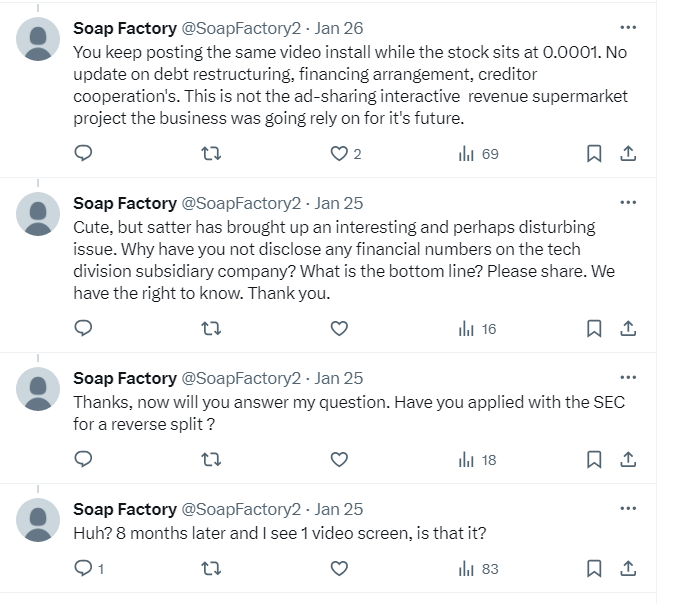 SoapFactory2's tweet photo. @TruthToPower23 @WinningCEO My last 4 posts. You blocked me for this? How shallow &amp; little of a man are you. I'm going to dump my shares at a loss. I can have my money invested in a person like this. Weak. Don't answer, block/censor, must be hiding info. I won't be leaving. Congrats. More bad blood created. https://t.co/pz0jeX18aL