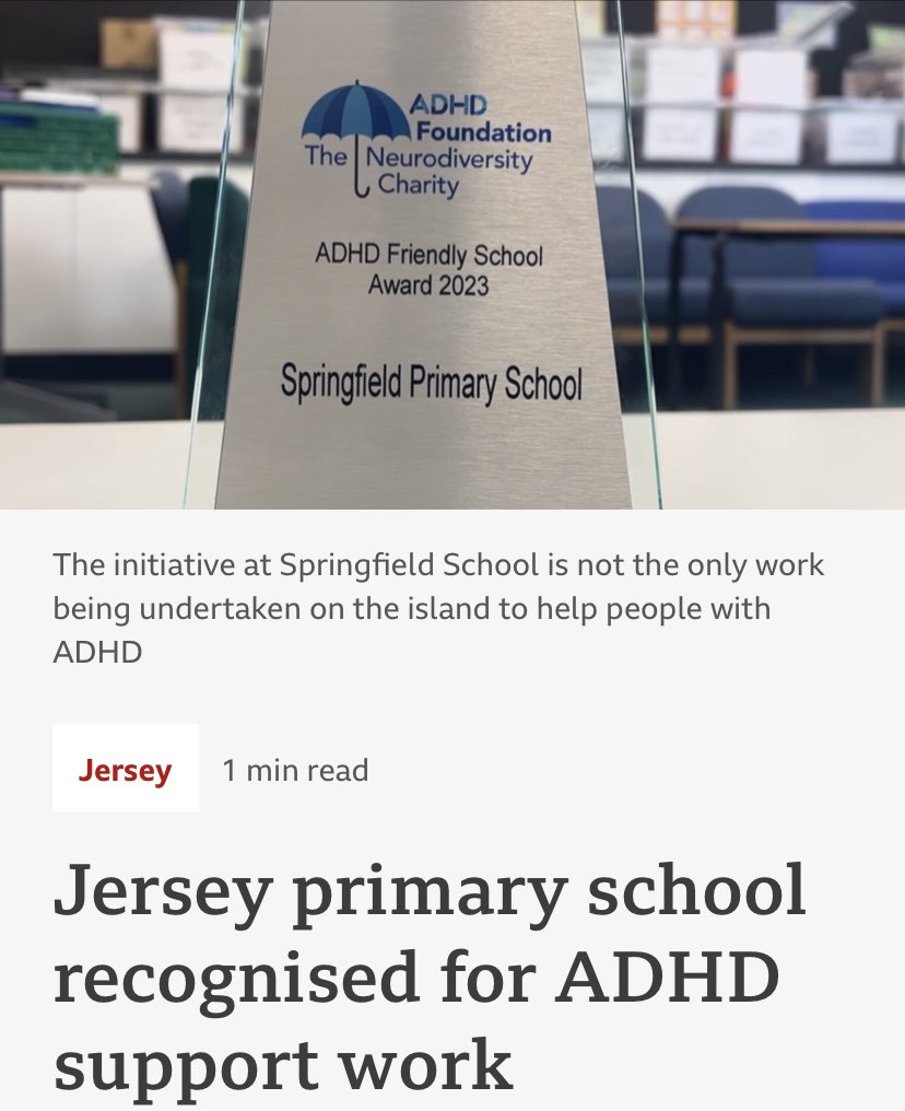Congratulations Springfield Primary School in Jersey for your commitment to inclusive education, adaptive teaching for neurodiverse classrooms &amp; raising academic attainment for ADHD Learners! <a href="/Springfieldjsy/">Springfield Primary </a> <a href="/GovJsyCYPES/">Children, Young People, Education & Skills</a> @GovJsyHCS ☂️ <a href="/ArronHutchADHDF/">Arron Hutchinson</a>  #Neurodiversity