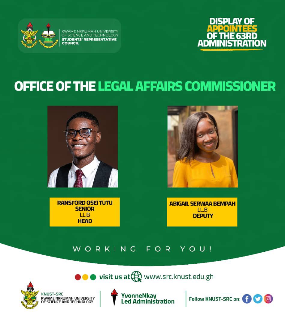 L_AffairsKnust's tweet photo. Meet Ransford Osei Tutu Senior, Chairman of the SRC Legal Affairs Commission, and Abigail Serwaa Bempah, who serves as the deputy chairperson for the Commission. They are here to serve and diligently work in the best interest of the KNUST SRC and all students. https://t.co/VhBx97QWn6