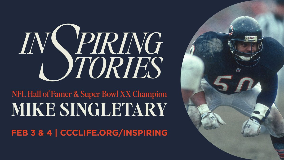 It's Inspiring Stories weekend with #Bears legend Mike Singletary:
🏈 Super Bowl XX Champion
🏈 Pro Football Hall of Fame
🏈 2× Defensive Player of the Year
🏈1990 NFL Man of the Year
Services tonight &amp; tomorrow. Learn more: ccclife.org/inspiring