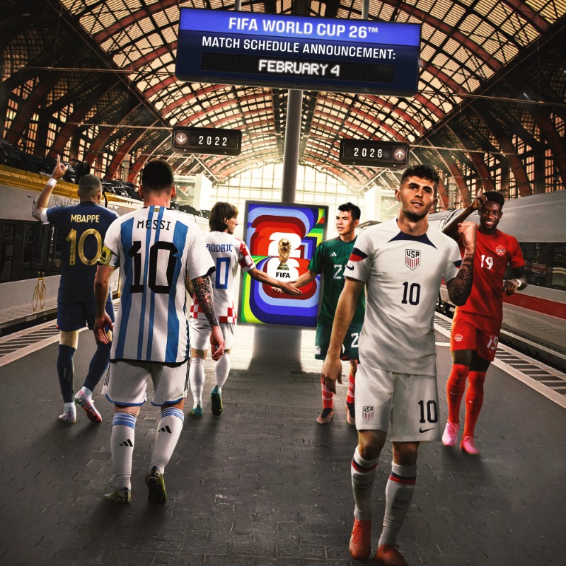 FIFAWorldCup's tweet photo. 🚂➡️ Next stop: #WeAre26!

Find out where to watch tomorrow's #FIFAWorldCup 26 Match Schedule Announcement. 👇