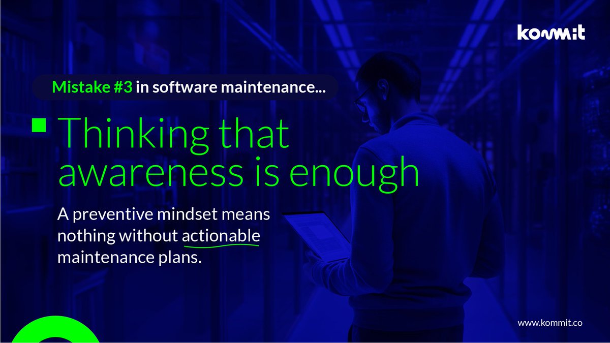 kommitco's tweet photo. Mistake #3 in #softwaremaintenance 🕒Thinking that awareness is enough

Many #TechCompanies are aware of the impact of software maintenance ⚙️. But,
How many of them have a scheduled maintenance plan? 📅

💡Beyond awareness; you must include maintenance in your #softwarelifecycle https://t.co/BSXFWaB20T