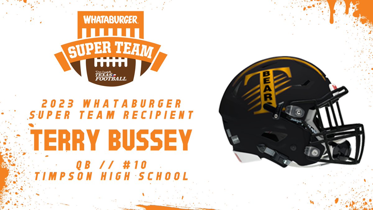 Congrats to Timpson QB Terry Bussey on being named to the 2023 @Whataburger Super Team! 🍔: texasfootball.com/whataburger-su… @Terrybussey12 | @CoachKerryT | @TimpsonISD | @TimpsonAthletic | @dctf | #WhataSuperTeam #Whataburger #txhsfb