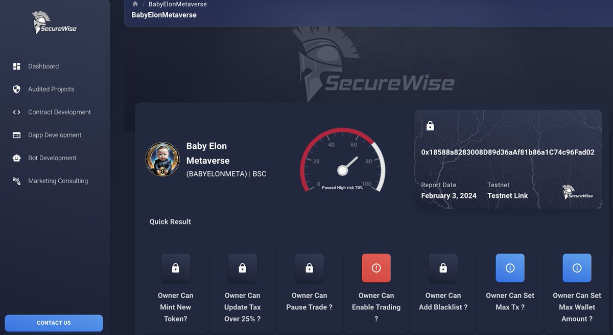 SecureWise (@securewiseaudit) on Twitter photo We are happy to announce that <a href="/babyelonmetabsc/">BabyMetaverse</a> has completed Smart Contract AUDIT with SecureWise
Check out the report:
audits.securewise.org/BabyElonMetave…
Baby Elon Metaverse(BABYELONMETA)
babyelonmeta.com
#BSC #BSCNews #BSCGEMS #Audit We are happy to announce that <a href="/babyelonmetabsc/">BabyMetaverse</a> has completed Smart Contract AUDIT with SecureWise
Check out the report:
audits.securewise.org/BabyElonMetave…
Baby Elon Metaverse(BABYELONMETA)
babyelonmeta.com
#BSC #BSCNews #BSCGEMS #Audit