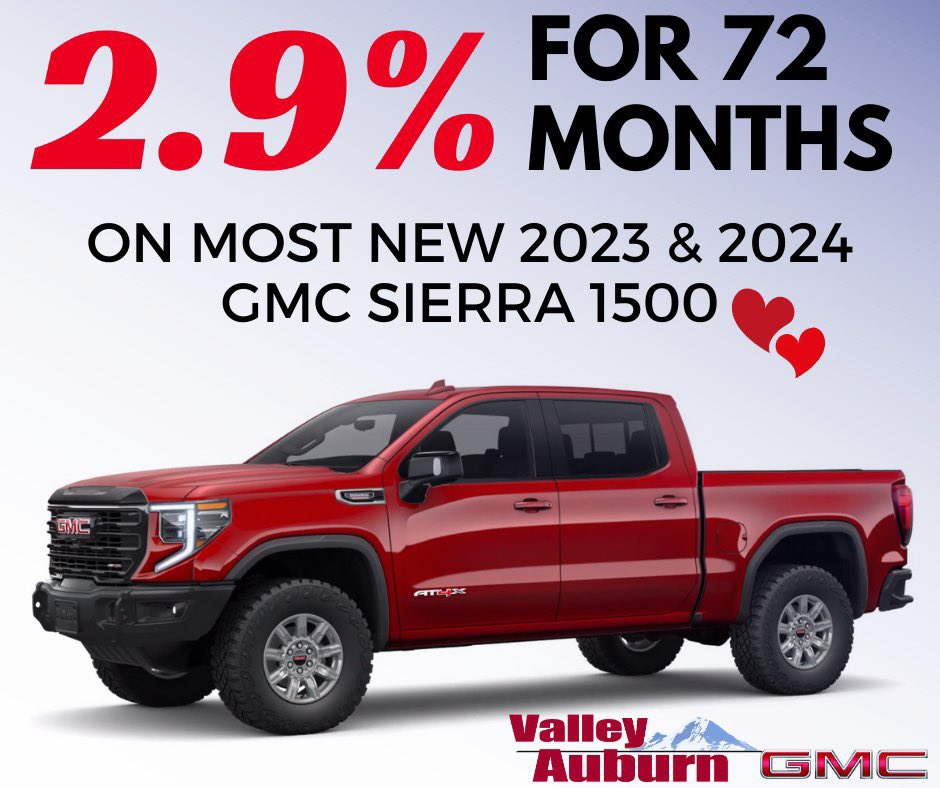 Valley_GMC's tweet image. 🚨Jaw-dropping 2.9% APR for 72 months on most 2023 and 2024 GMC Sierra 1500‼️‼️‼️‼️🔥
@CougsFirst 
Stop by TODAY- open until 7PM 🙂

⏳✨ View Inventory: bit.ly/42rFRrw 

#Sierra1500 #LowAPR #TruckSale #TruckCenter #ValleyGMC #GMC #Auburn #TrucksForSale