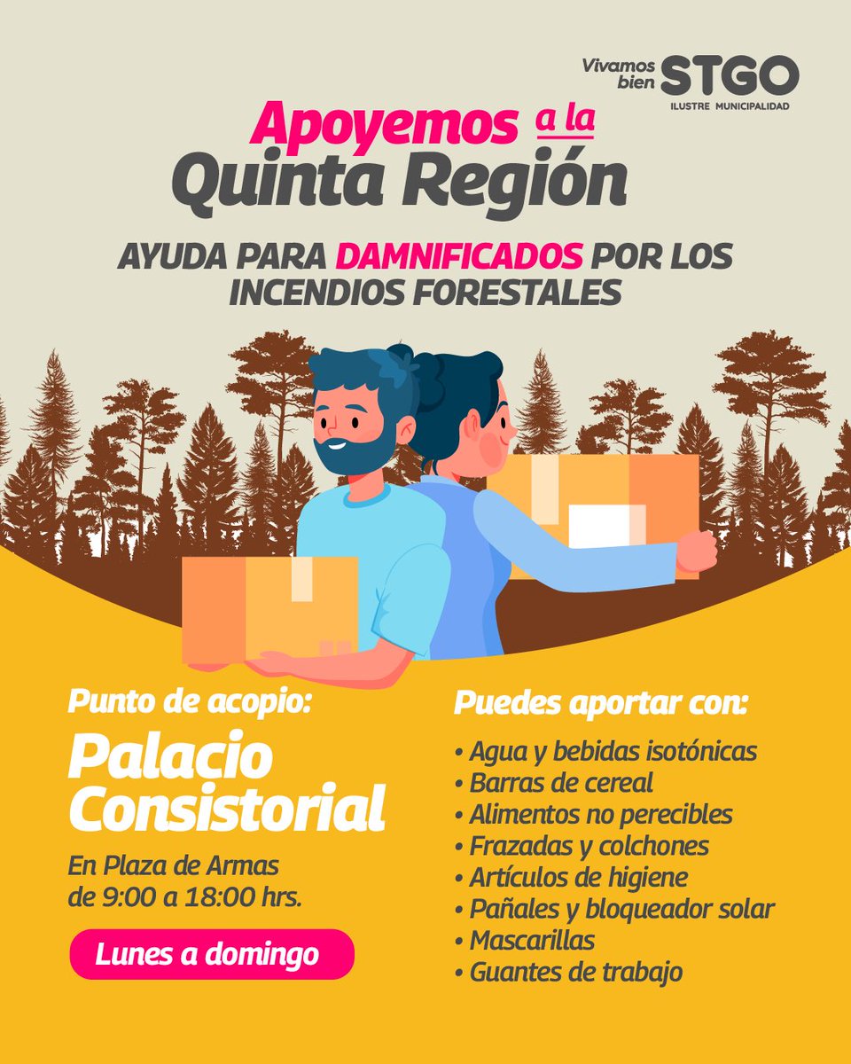 🟣 En Santiago nos activamos para apoyar a la quinta región 🙌

➡️ Hemos dispuesto del Palacio Consistorial del municipio como punto de acopio (Plaza de Armas s/n). Estará habilitado toda la semana, de 8:00 a 18:00 hrs.

(Sigue 👇)