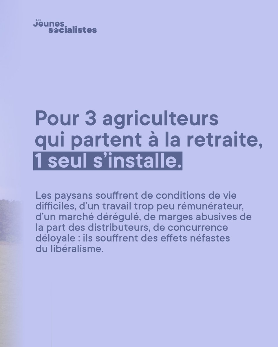 lesJeunesSoc's tweet photo. Aujourd'hui, 20% des agriculteurs vivent sous le seuil de pauvreté, et pour 3 agriculteurs qui partent à la retraite, 1 seul s'installe. 

👉 Il est urgent de mieux rémunérer nos agriculteurs et agricultrices, et de rendre ce métier plus attractifs pour les plus jeunes. https://t.co/GPtMf5Pdg4