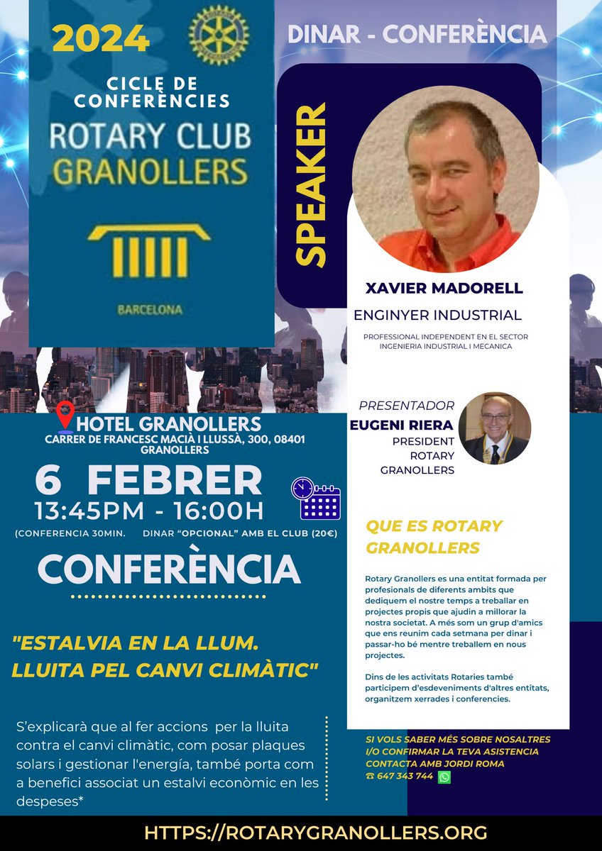 Aquest dimarts a #Granollers parlarem del futur de les #energiesrenovables amb el Sr. Xavier Madorell del <a href="/RotaryCaldes/">RotaryCaldes</a>