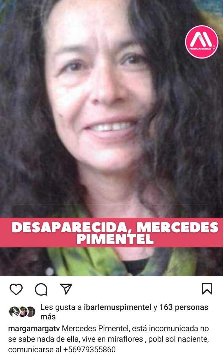 POR FAVOR RT URGENTE 
Se agradece cualquier información sobre Mercedes Pimentel. Está incomunicada y no se sabe nada de ella, vive en Miraflores Población Sol Naciente. Por favor comunicarse al +569 7935 5860
#IncendiosForestales #VinadelMar #Miraflores