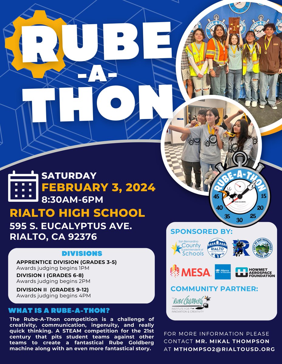 <a href="/SBCountySchools/">San Bernardino County Superintendent of Schools</a> &amp; local educators get ready to host all day RUBE-A-THON at Rialto HS. <a href="/jehuejaguars/">Jehue Middle School</a> &amp; <a href="/WernerTB2/">Tami Butler</a>  among schools that will compete as award-winning RHS MESA teacher Mr. Mikal Thompson takes center stage, coordinating the efforts. Good luck to all our RUSD schools!