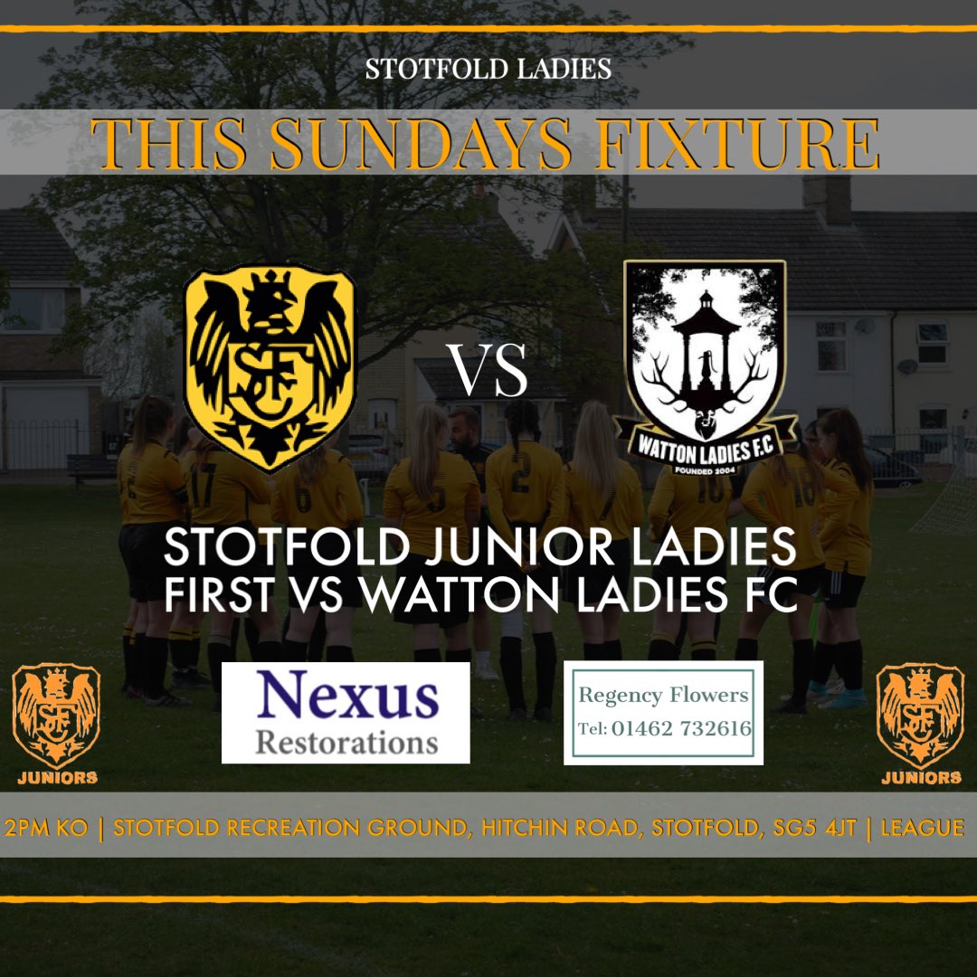 🚨Tomorrow’s match day, where we hope to gain another 3 points!🚨

🆚 Watton ladies fc   
🏆 League 
⏰ 2pm KO
📍Stotfold recreational ground, hitchin road, Stotfold, SG5 4JT

Would be great if you could come along and support the ladies!💛🖤