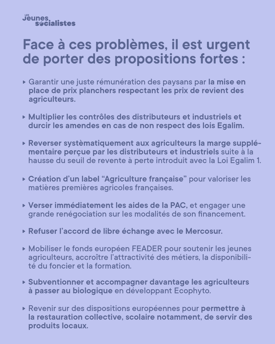 lesJeunesSoc's tweet photo. Face à ces problèmes, il est urgent de porter des propositions fortes.

👉 Mise en place de prix planchers respectant les prix de revient des agriculteurs, appliquer réellement les lois Egalim et durcir les amendes en cas de non respect, versement immédiat des aides de la PAC, création d'un label "Agriculture française"... 

Découvrez l'ensemble de nos propositions ici 👇