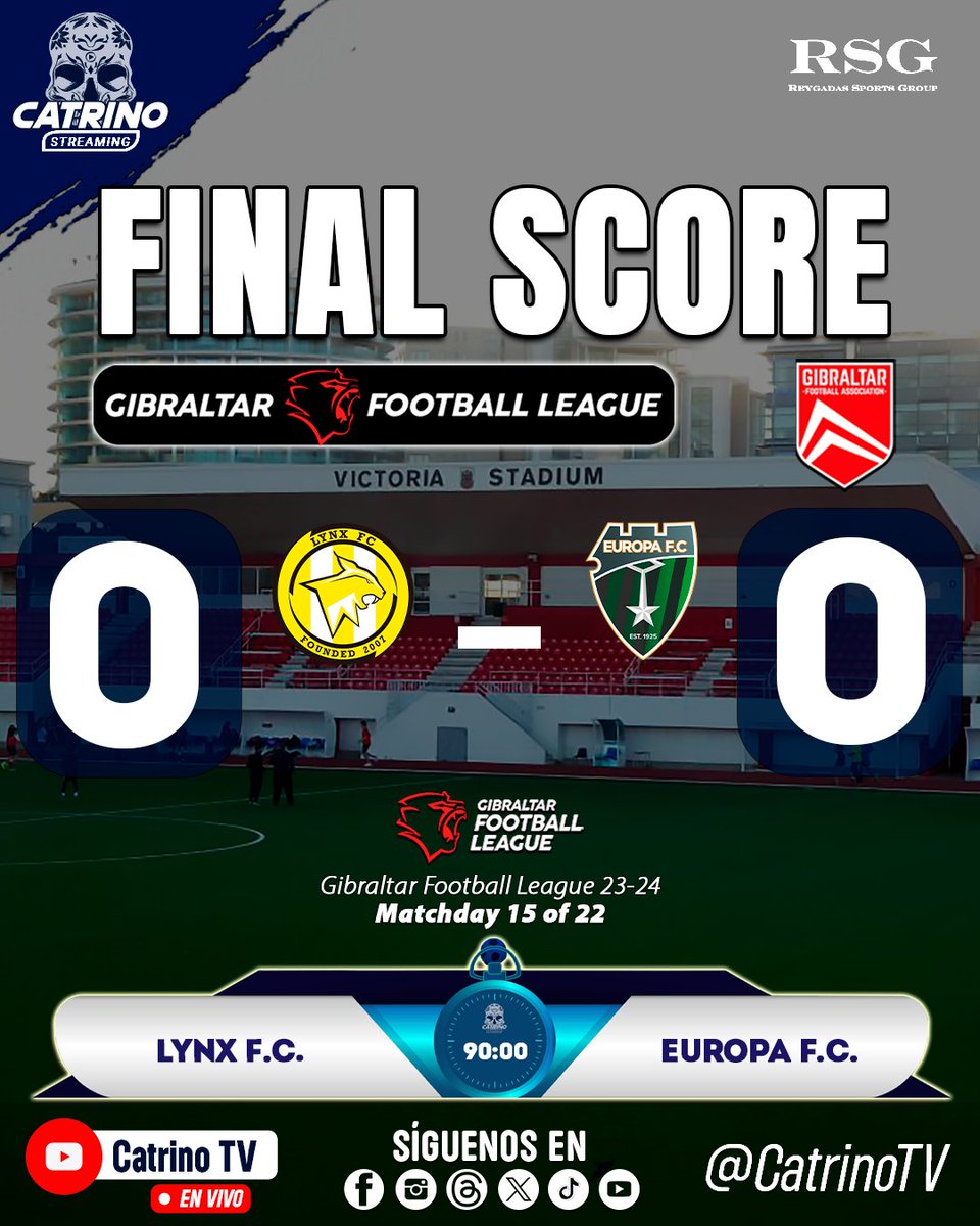 🇬🇧 ⚽ Lynx FC vs Europa FC Ends in Goalless Draw! ⚽ 🏴󠁧󠁢󠁥󠁮󠁧󠁿 The clash in the 15th round of the Gibraltar League between Lynx FC and Europa FC concludes with a 0-0 draw. Stay tuned for more exciting football updates on Catrino TV. 📺 #Football #GibraltarLeague #LynxFC #EuropaFC
