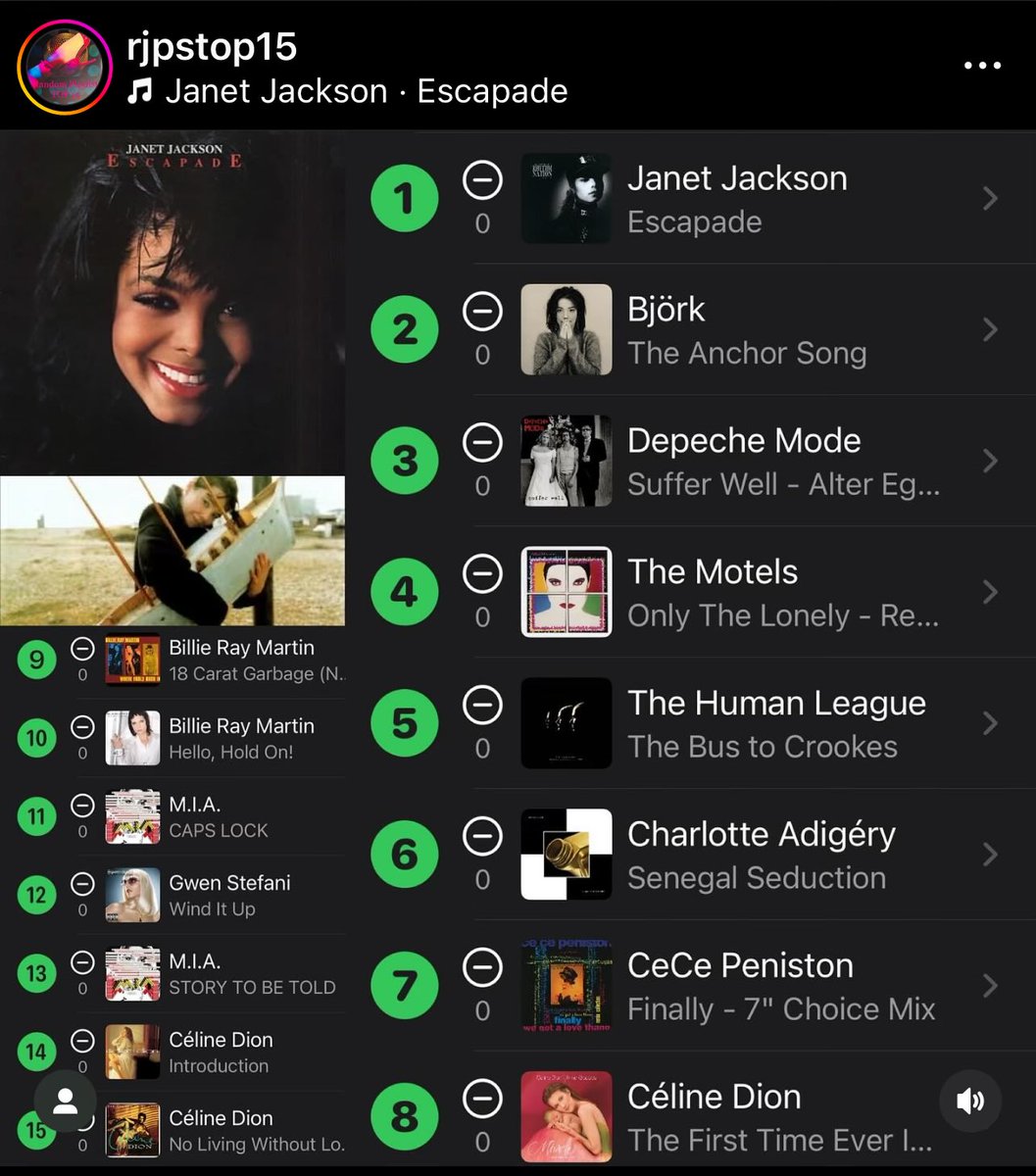 RANDOM PLAYLIST TOP 15: Nov 24/23 Listen and follow via Instagram link in bio #celinedion #miamatangi #gwenstefani #billieraymartin #cecepeniston #charlotteadigéry #thehumanleague #themotels #depechemode #bjork #janetjackson