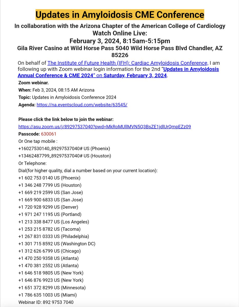 Live Now! #Amyloidosis  CME Annual Conference 2/3/2024 
lnkd.in/g7XXkika
 Join the webinar:
lnkd.in/gtDQBbBM
Passcode: 630061
Or One tap mobile :
+16027530140