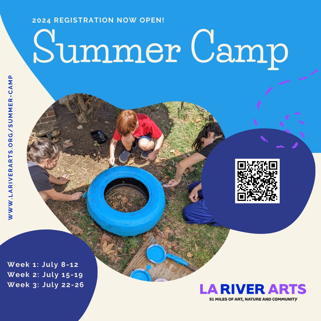 ☀️SUMMER CAMP REGISTRATION NOW OPEN! – LA River Arts is excited to bring back its Public Art Camp for youth ages 5-11 starting July 8 and running through July 26. 

Scan the QR Code to learn more!  

#SummerCamp #Summer #Camp #Art #Nature #Youth #Play #LosAngeles #Outdoors