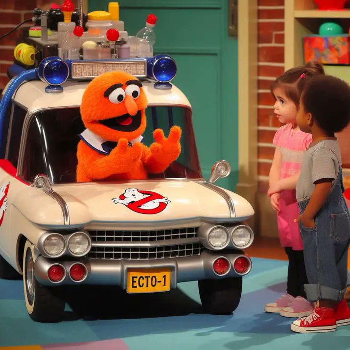 SnarkEncarnet's tweet photo. @mywildadventur1 so full disclaimer it is AI generated art that was shared to a Ghostbuster group.   But I have seen similar vehicles at fairs and I know you're a muppet fan and a theater person.  How hard do you think this would be to do? https://t.co/R2KOjz86DE