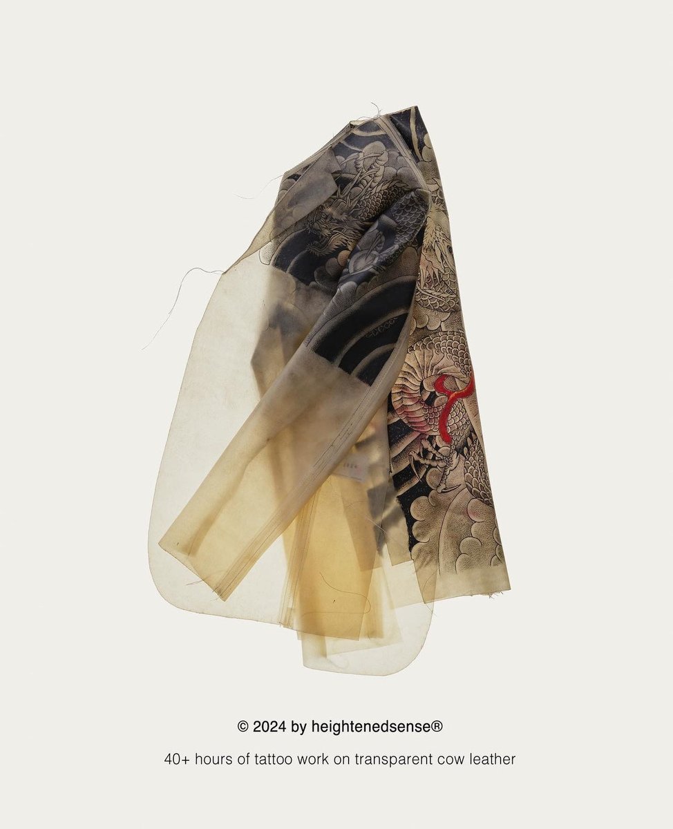saintdutchess's tweet photo. A 40+ hour tattooed work on transparent cow leather blazer, finished with raw edges and trims. https://t.co/royaaGei0u