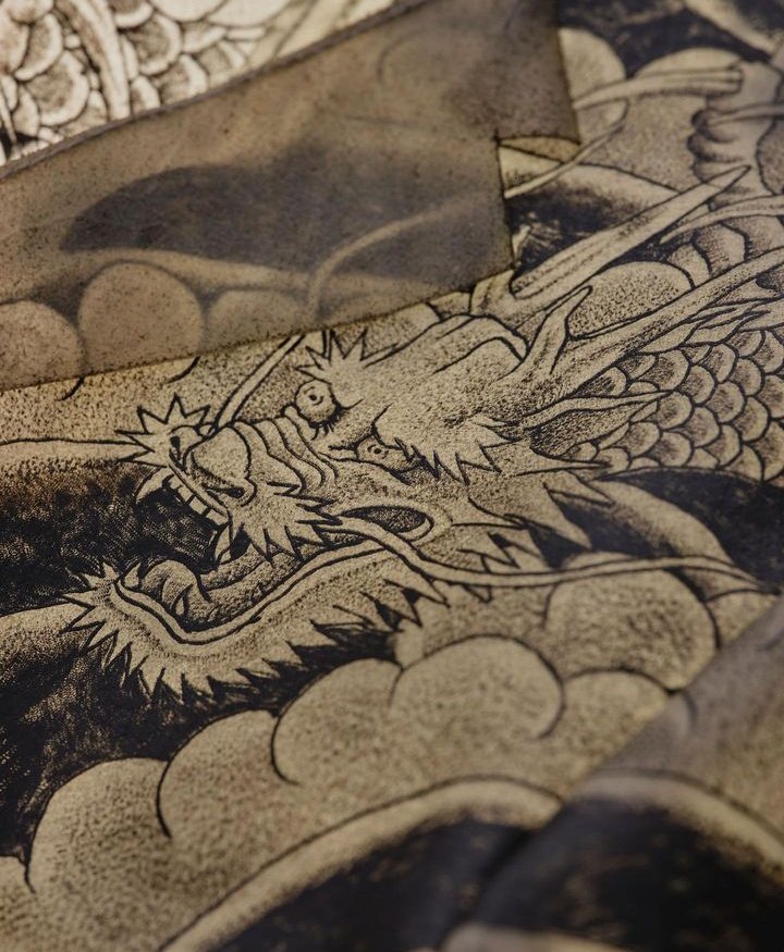 saintdutchess's tweet photo. A 40+ hour tattooed work on transparent cow leather blazer, finished with raw edges and trims. https://t.co/royaaGei0u