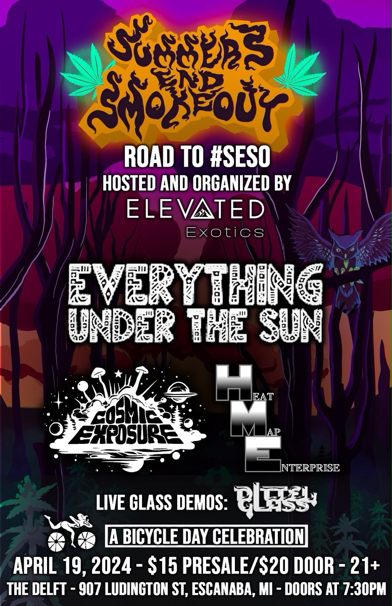 Another one! Road To #SESO feat. Everything Under The Sun, Cosmic Exposure and Heat Map Enterprise coming to The Delft on 4/19 for a special Bicycle Day celebration, with live glass blowing demos by Dittel Glass 😎
.
.
.
#local #music #art #cannacommunity #UP #MI #festival