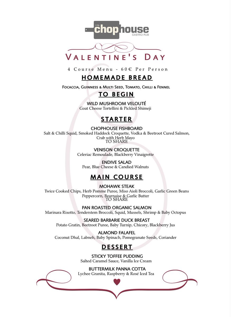 the_chophouse's tweet photo. Join us for a romantic dinner this Valentine’s Day on the 14th of February 
Enjoy a 4 course menu 60€ pp, and treat your special someone to a culinary celebration. 

🍽️❤️ #ValentinesDining https://t.co/kH7nfJxe17
