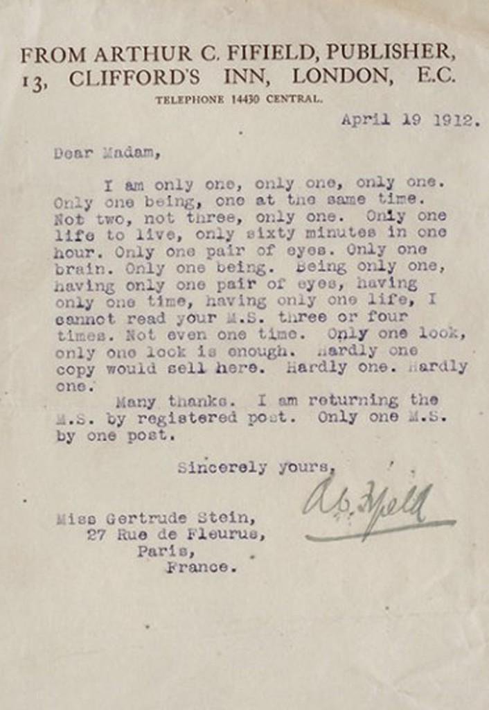 There are rejection letters, then there are the rejection letters publishers sent to Gertrude Stein.