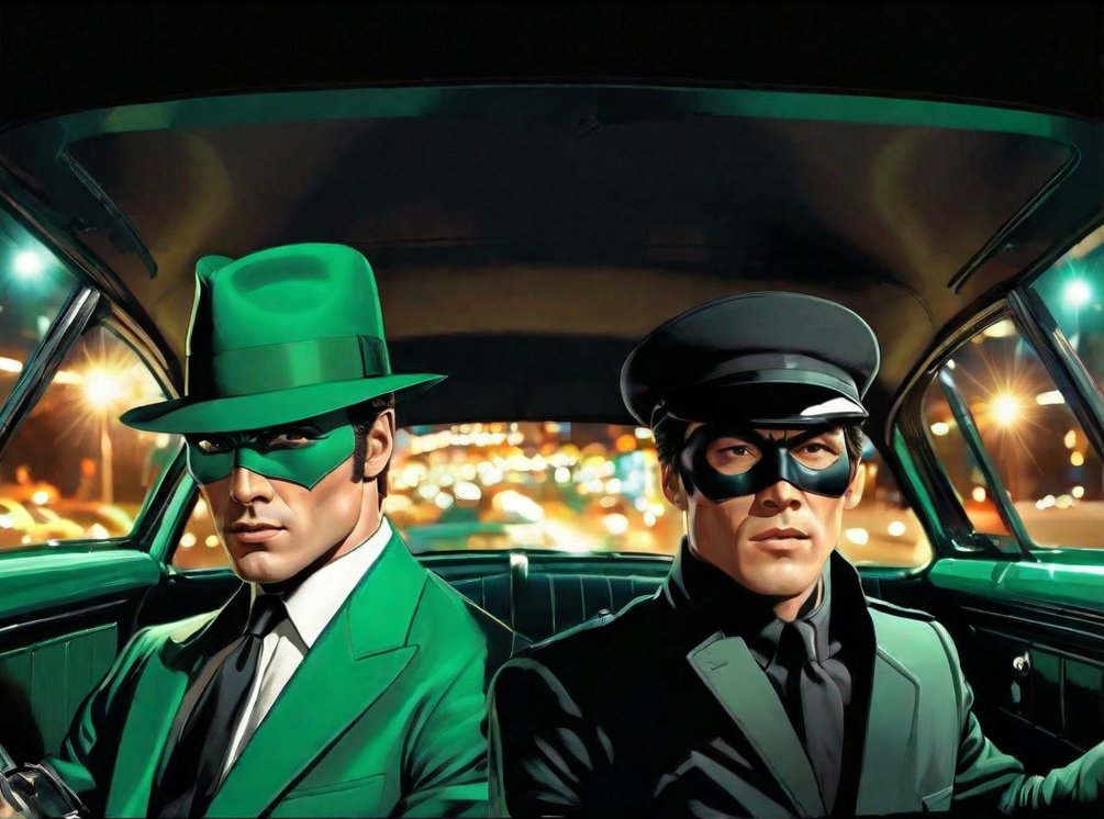 InfiniteHeroism's tweet photo. "Let's Roll" with #MysteryMen #Heroes  #GreenHornet and #Kato - "You Can't Get Away with Crime!" -Green Hornet Britt Reid and Hayashi Kato, Bushido Champion -Crime-Fighters for #Justice⚖️(Jeffrey Imm using #hotpot #AI) #AIArtWork #AIコスプレイヤー   土曜日の夜 緑スズメバチ 加藤 https://t.co/W0qSMFnRcv