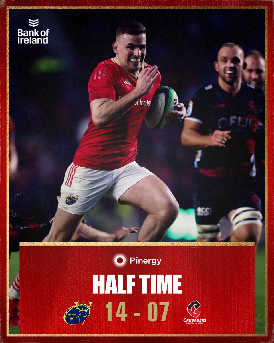 HALF-TIME: Munster 14 - 7 Crusaders

We lead Crusaders thanks to two tries from Gav Coombes with Joey Carbery converting both.

#MUNvCRU #MunsterInThePáirc #SUAF 🔴