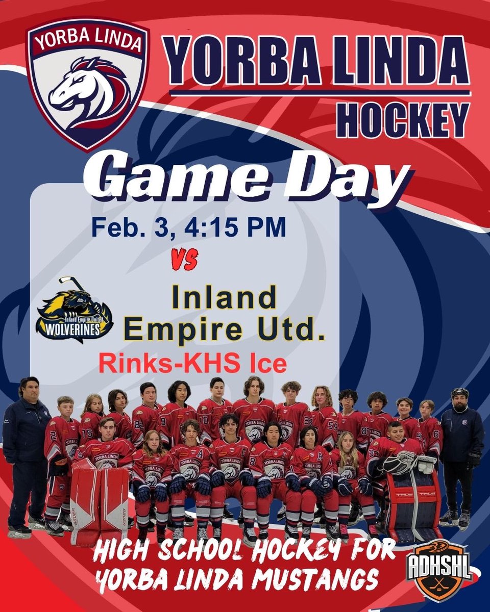 YL_Hockey's tweet photo. Final @ADHSHL regular season game today against Inland Empire Utd. 4:15 PM at @The_Rinks #KHSice. @ylhsmustangs come check out your @ylhigh friends and classmates playing hockey.
#WeAre #HighSchoolHockey for #YorbaLinda Students
@YLHSathletics @YLHSPTSA @ylhswrangler https://t.co/QqRznIv0CO