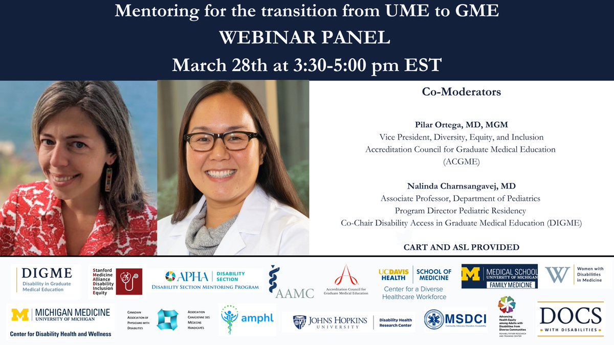 Join moderators Drs. @pilarortegamd @ACGME and Nalinda Charnsangavej @PedsatDellMed for the @docswith Mentorship Panel 'The transition from UME to GME for women with disabilities' 📅 Save the date: March 28th 🕒 Time: 3:30-5 pm EST 🌐 bit.ly/UME_To_GME #MedTwitter #GME