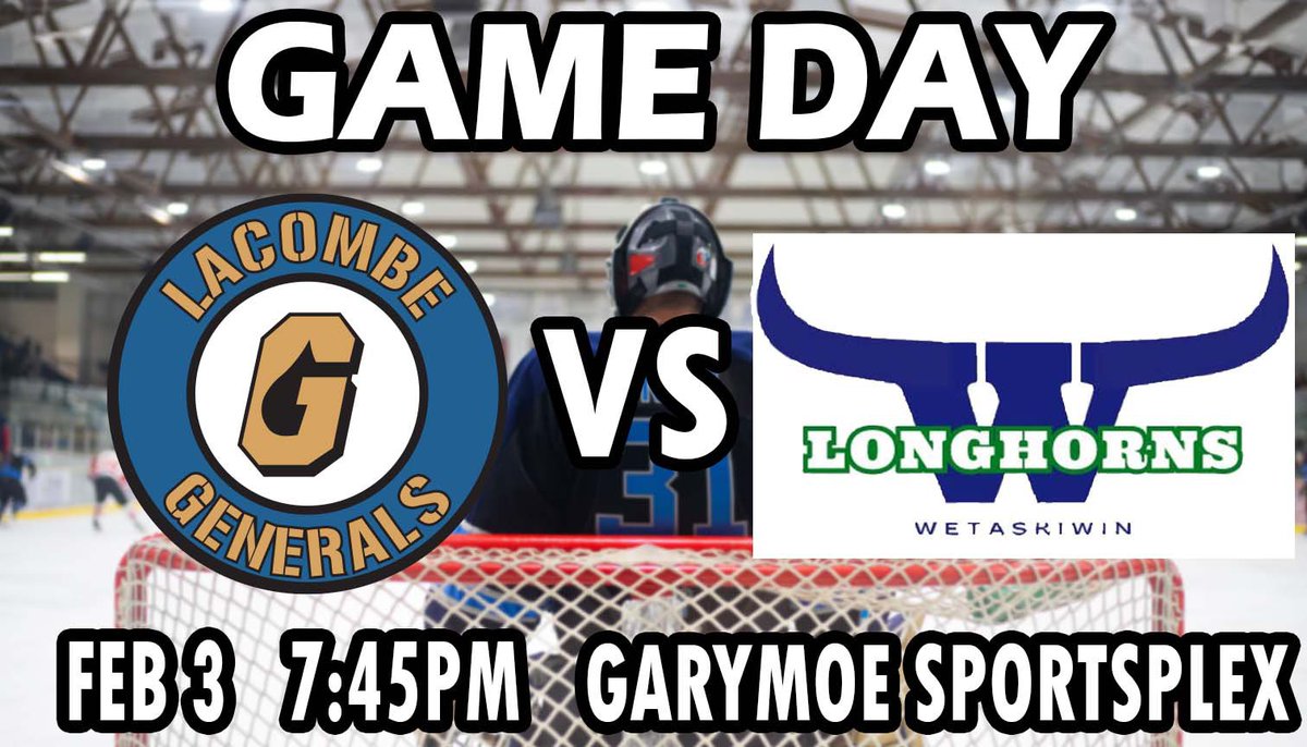 It’s Game Day!! The Generals take on the Wetaskiwin Longhorns !! Last regular season game before the playoffs!!

There will be merch prizes, a chance to win @MoesLacombe
pizza during Shoot-To-Win, @KidSportLacombe
50/50 and more! 
See you tonight! Go Generals Go!!
@NCHLSeniorAA