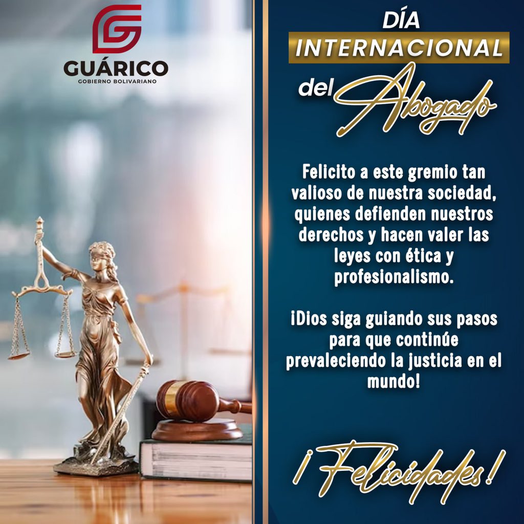Felicito a todos los abogados y abogadas, un gremio valioso en nuestra sociedad, quienes defienden nuestros derechos y hacen valer las leyes con ética y profesionalismo. ¡Dios siga guiando sus pasos para que continúe prevaleciendo la justicia en el
mundo!