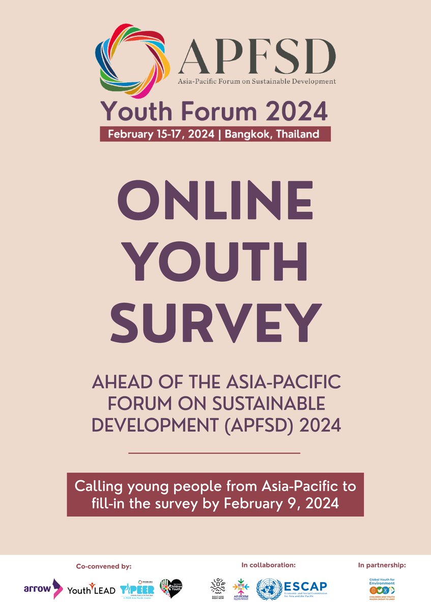 ✨APFSD is right around the corner, share your voices and opinions on SDGs✨ Kindly provide 5-8 minutes of your time to complete the survey, which will be incorporated into APFSD YOUTH FORUM Recommendations forms.gle/5jABQ5ZV2WQSTp… We are calling out to all Young People #APFSD2024