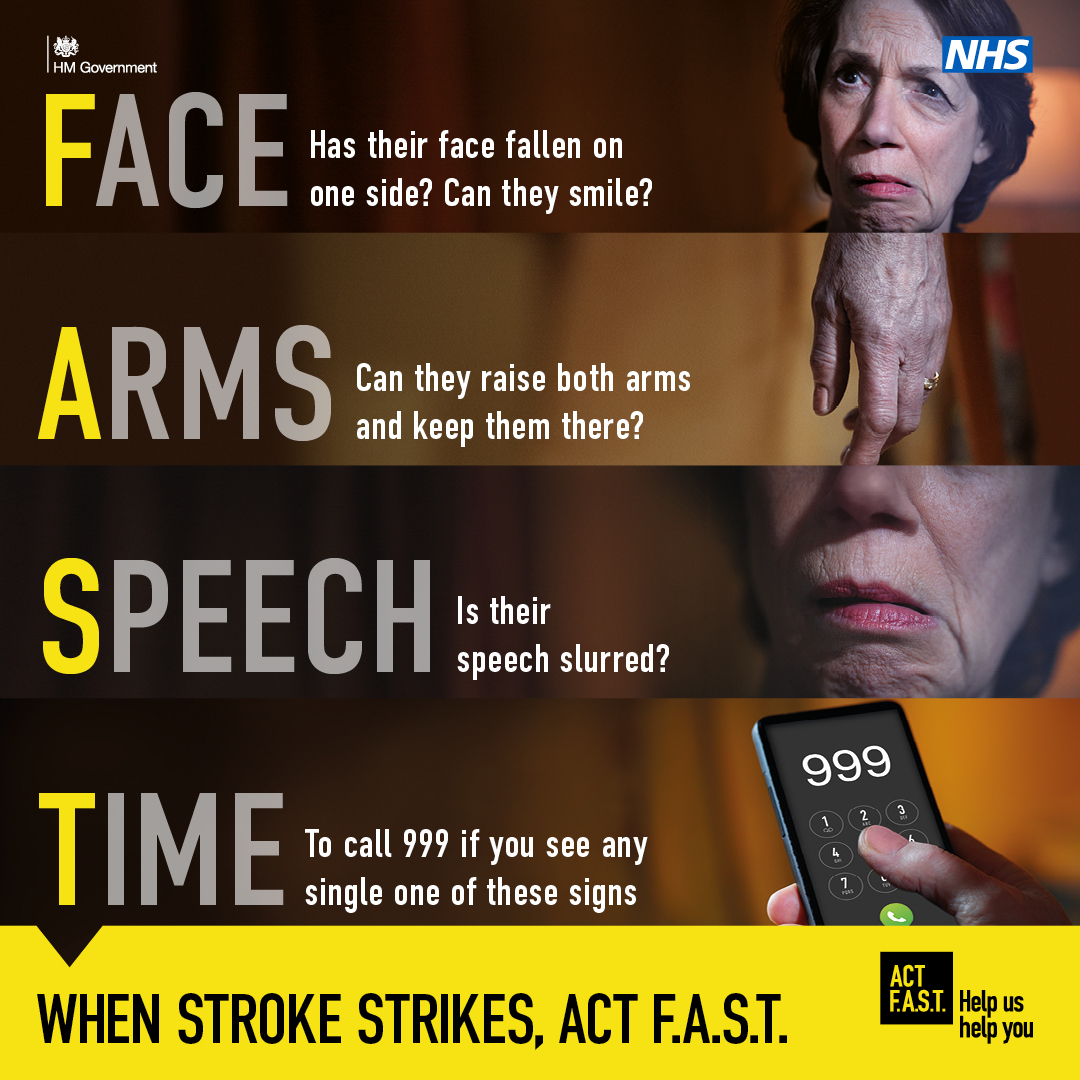 Remember F.A.S.T for the signs of a stroke.

Face – has their face fallen on one side? Can they smile?
Arms – can they raise both arms and keep them there?
Speech – is it slurred?
Time – it’s time to call 999.

When stroke strikes remember to Act F.A.S.T. nhs.uk/actFAST