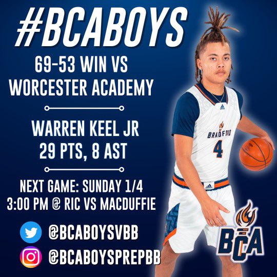 BCABoysVBB's tweet photo. Big night for 2026 PG Warren Keel Jr netting 29 points and 8 assists in a win over Worcester Academy at the National Prep Showcase Invitational (NPSI) at Rhode Island College.  BCA moves to 16-7 overall and 10-1 in NEPSAC AA.  #BCABoys https://t.co/qyB1XJGGns