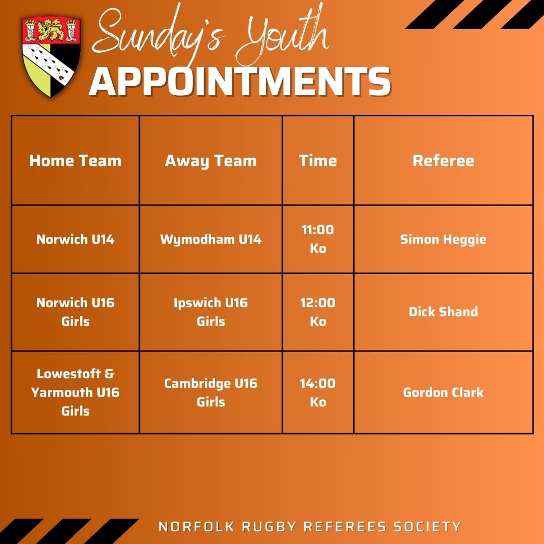 Sundays youth appointments. Good luck to the guys with two games. 

#NRURS #keepyourbootson #Norfolkrefs