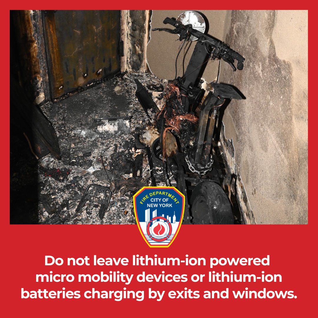FDNY's tweet photo. There have been 18 lithium-ion battery fires so far this year, 3 more than this time last year. 🔌 Never charge lithium-ion batteries or devices by doors and windows. 🔋 Never charge them unattended or overnight. www.https://t.co/uIhP27TTkv https://t.co/POHNyqoLgx