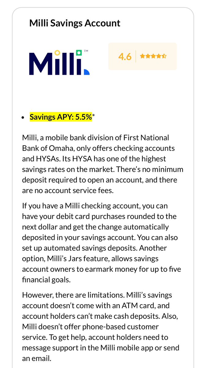 rideBuggytech's tweet photo. @ArtichokeArthur @TranscendedBoy @Storage_Venture @somedeepstuff1 @kriskopsaftis Milli, a mobile bank division of First National Bank of Omaha, only offers 5.5% HYSAs. https://t.co/ZKyGqXnyUV