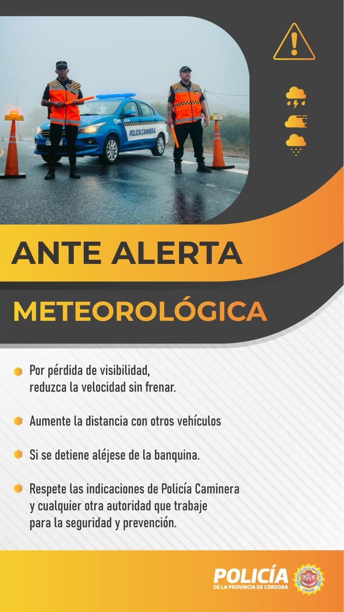 PoliciaCbaOf's tweet photo. ⚠️ Según lo emitido por el @HidroCordoba, #PolicíaCaminera  informa que en virtud a las altas temperaturas registradas y a la marcada inestabilidad, se prevé en horas de la tarde de hoy y madrugada del día domingo 04 de febrero, probabilidades de  tormentas con variada intensidad; acompañadas de fuertes vientos, caída de granizo y abundante agua en cortos períodos de tiempo.