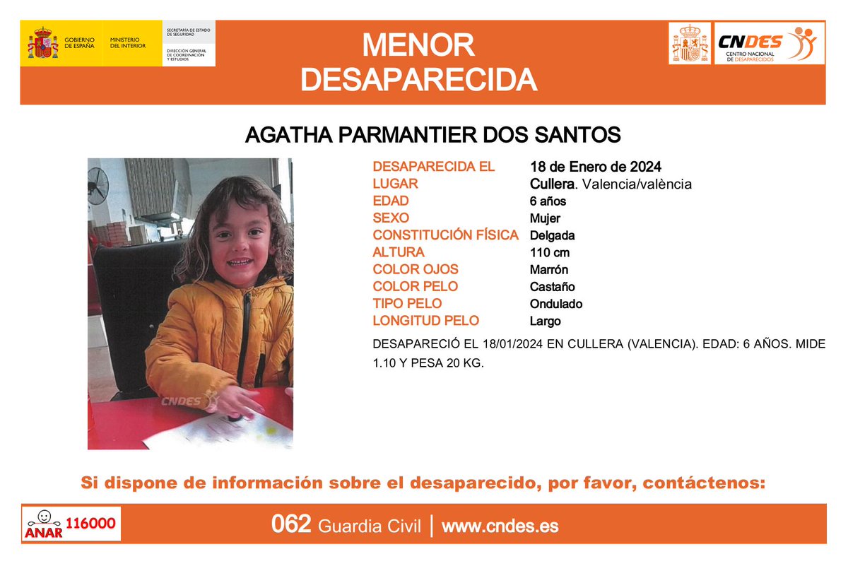 ⚠️🚨MENOR DESAPARECIDA 🚨⚠️
ℹ️ ♀️ 6 años
🔎👩Vista por última vez en Cullera
⌛️Tu ayuda es fundamental 
🔗RT y colabora 
A través de 📩cndes-web.ses.mir.es/publico/Desapa…
📞062 <a href="/guardiacivil/">Guardia Civil</a>