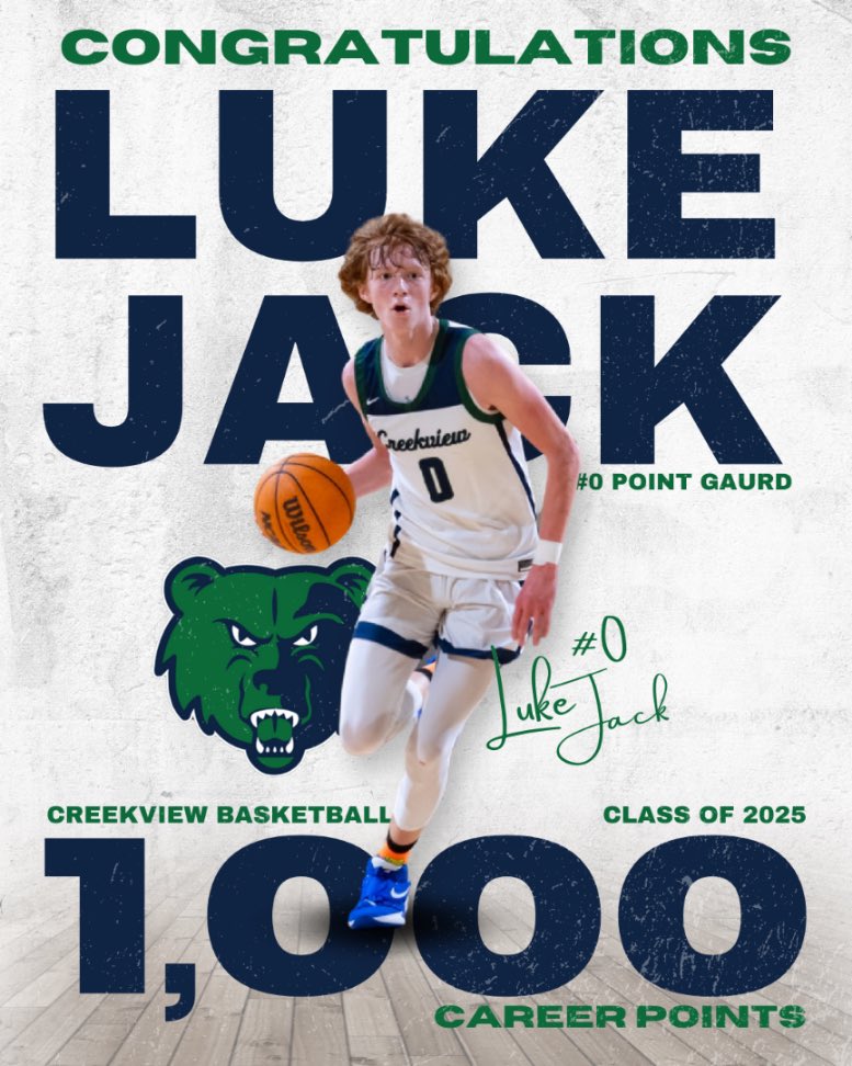 Luke Jack (@lukejack25) on Twitter photo Thank you to all my coaches and teammates over the last 3 years for helping me reach 1000 pts! Made it even better that we got the win last night! I appreciate the graphic <a href="/krdzn/">Korry Richards</a>
<a href="/CreekviewHoops/">Creekview Basketball</a> Thank you to all my coaches and teammates over the last 3 years for helping me reach 1000 pts! Made it even better that we got the win last night! I appreciate the graphic <a href="/krdzn/">Korry Richards</a>
<a href="/CreekviewHoops/">Creekview Basketball</a>
