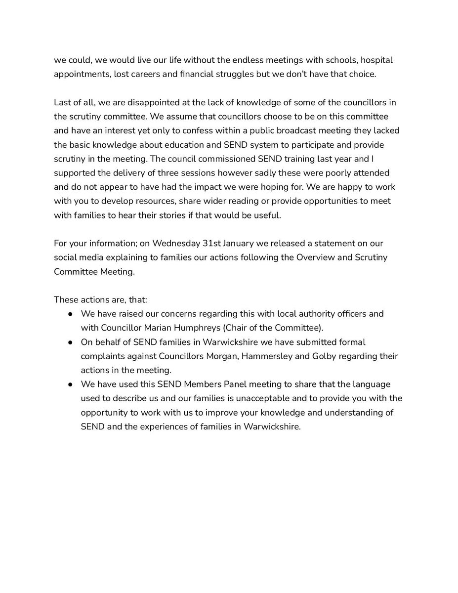 We had a positive SEND Members Panel meeting and we are reassured that the Councillors that attended that meeting have much more understanding about what it means to have a child with additional needs and the impact of that on our daily lives.  This the statement that was read