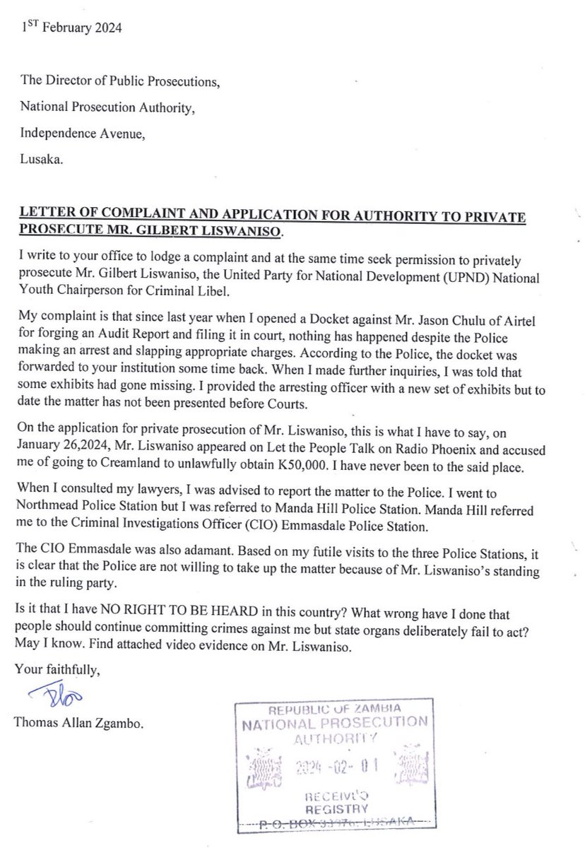 zambianwhistle's tweet photo. ZAMBIA'S JUSTICE SYSTEM COLLAPSING  UNDER UPND GOVERNMENT PRESSURE.

Zambia's Justice Delivery  System seems to be thoroughly captured by United Party for National Development ( UPND) and Government Functionaries, making it difficult for people outside the ruling class to receive fair hearings.

State institutions of Justice have continued to show open bias by either dragging their feet or rejecting complaints and applications by members of the opposition parties and individuals outside government.

For example, the Director of Public Prosecutions ( DPP) has rejected several  applications for Private Prosecution. The DPP rejected an application by Socialist Party Leader @DrFredMmembe to have Inspector General of Police Graphael Musamba prosecuted for defaming him.

Patriot for Economic Progress ( PeP) President  Sean Tembo applied to the DPP to have @UPNDZM Secretary General Batuke Imenda prosecuted for Hate Speech after he called Lusaka Archbishop Alick Banda a " Lucifer of Zambia).

But when Hate Speech allegations are made against members of the opposition, the Police, the DPP and the Courts push for swift conclusion of the cases, as happened with the conviction of Chishimba Kambwili, and the ongoing cases against Lumezi Independent Member of Parliament ( MP) Munir Zulu.

Prominent Lusaka Lawyer  Makebi Zulu had also applied to the DPP to have Miles Sampa and Morgan Ng'ona prosecuted for forgery of documents of Registrar of Societies. This too was denied.

What is of great concern to the Zambian Whistleblower is the latest  case involving our Chief Consultant Thomas Allan Zgambo ho has applied to the DPP to allow Private Prosecution of UPND National Youth Chairperson Mr. Gilbert Liswaniso for criminal libel arising from unsubstantiated statements he made during " Let the People Talk " programme on Radio Phoenix.

The reason for our concern is that @ThomasZgambo has had previous encounters with the DPP, the Police and the Judiciary during an earlier case in which the then Lawyer for @Airtel_Zambia Jason Chulu uttered a forged KPMG Audit Report to Court. This was in an attempt to kill the case in which Mr. Zgambo had sued Airtel Networks for facilitating interception of his private communication at the instigation of the State.

The DPP advised Mr. Zgambo to involve the Police in investigations and they concluded their investigations and arrested him. But one year down the line, Jason Chulu has not been prosecuted and the case seems to have gone cold. 

The High Court Judge before whom the forged report was uttered, Susan Wanjelani refused to even  censure Jason Chulu and Airtel Networks Zambia , but instead seemed very quick to accept to open Contempt Proceedings against Mr. Zgambo for complaining about the case in a public forum.

A Complaint lodged by Mr. Zgambo to the Judicial Complaints Commission ( JCC) remains unacknowledged despite so many reminders and this Same Judge Wanjelani has infact been promoted to head Financial and Economic Crimes Court. 

Contrast this conduct of the Judiciary with how swift they moved in complaints against Former High Judges Sunday Nkonde, Joshua Banda and Timothy Katanekwa which had clear political connotations.

With these experiences in  mind Mr.Zgambo is bound to ask why the Judiciary keeps denying him the Right to fair hearing of his cases. 

Even at this stage, all Police stations were he was asked to report the case against Mr. Liswaniso have shown signs of clearly being intimidated because of the position he holds in the ruling party. 

This is why for Mr. Zgambo to get justice, the DPP has to allow Private Prosecution of this matter. 

As Zambian Whistleblower, we believe that even if it is frustrating for Mr. Zgambo to keep reporting  these cases when the Judiciary is doing nothing  about them, it is important that they are placed on record for the day when credible people will occupy those offices and do the right thing. We campaigned to remove the PF….https://t.co/d3Zj7cfI1T