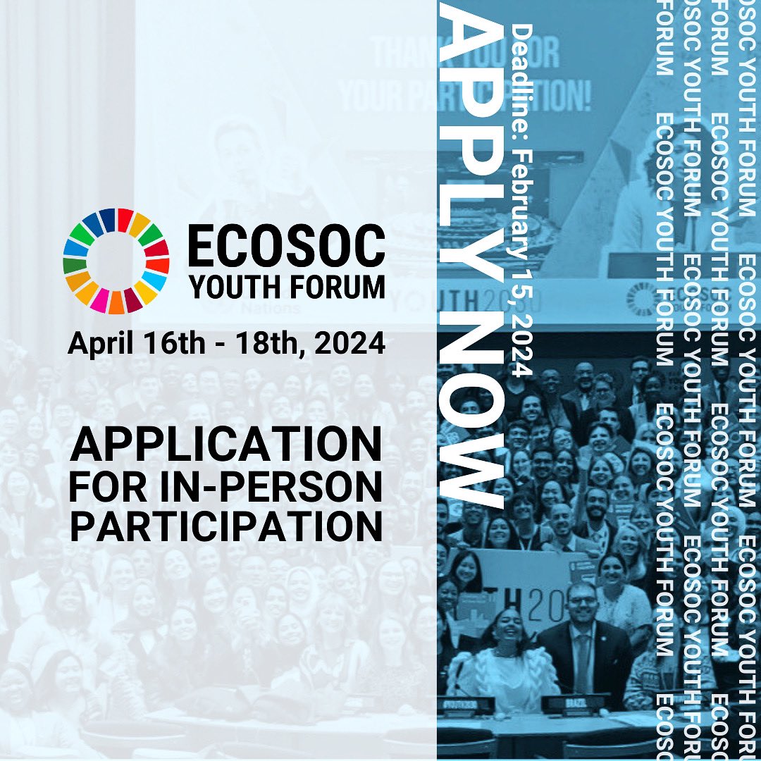 UNMGCY's tweet photo. ECOSOC Youth Forum 2024📣
Apply now!

From April 16th-18th, young people will gather at UN in New York, to take action and share perspectives on topics around sustainable development!

Register here⬇️
https://t.co/B6zpstW2oZ https://t.co/bgrjoFxKFr