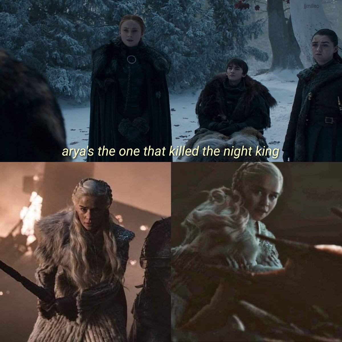 Daenerys: 2 dragons, 8000 unsullied, 100 000 dothraki, dragonglass

'arya saved the north'