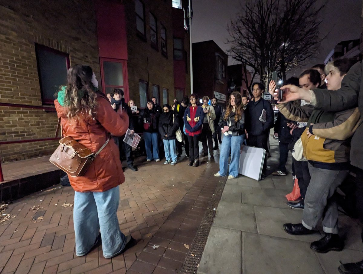 revcommunists's tweet photo. 50+ comrades outside of Walworth police station, protesting the arrest of our comrade Rahul. The message is loud and clear: Free our comrade! Free Palestine! https://t.co/W9IV5WitDy