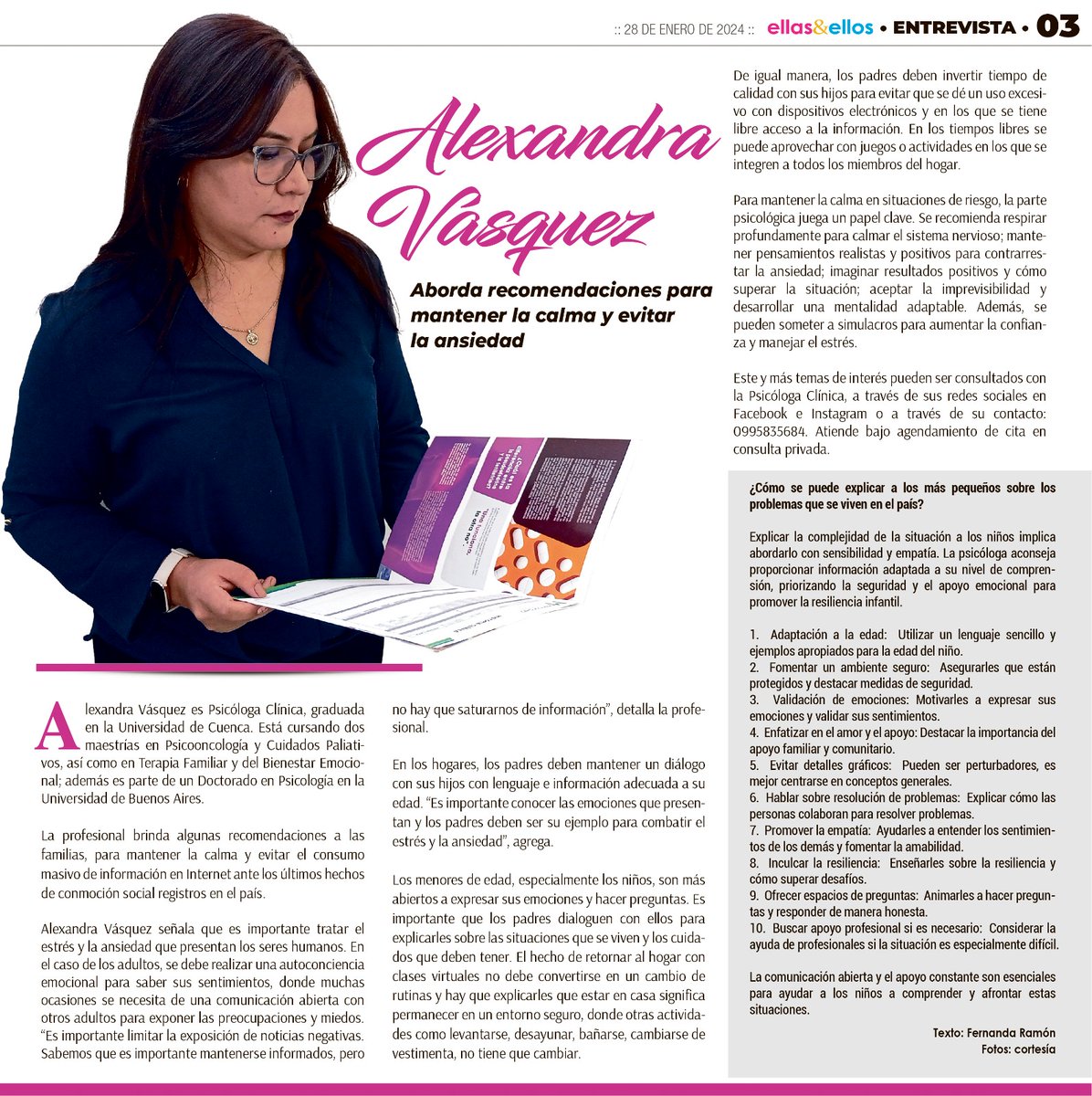 La Psicóloga Alexandra Vásquez y sus recomendaciones para mantener la calma y evitar la ansiedad. 

Suplementos Ellas &amp; Ellos / Diario <a href="/elmercurioec/">Diario El Mercurio</a>.