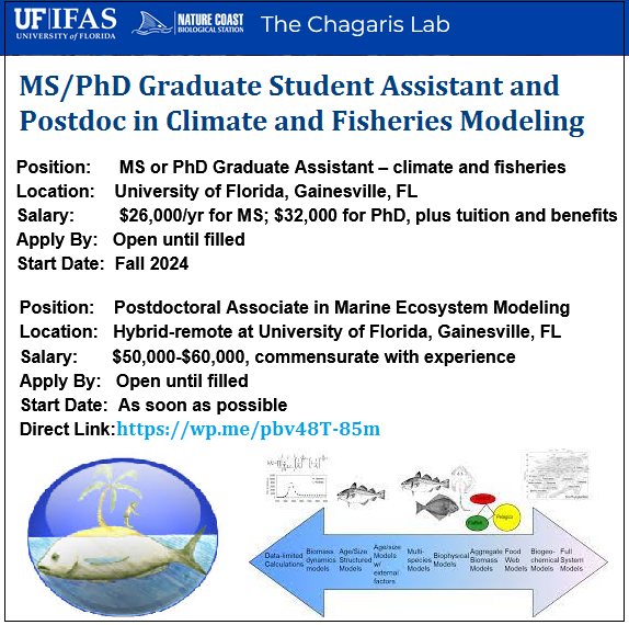 📌 MS/PhD Graduate Student Assistant and Postdoc in Climate and Fisheries Modeling at University of Florida, United States 🇺🇸... Please share and spread the word! For details visit: wp.me/pbv48T-85m